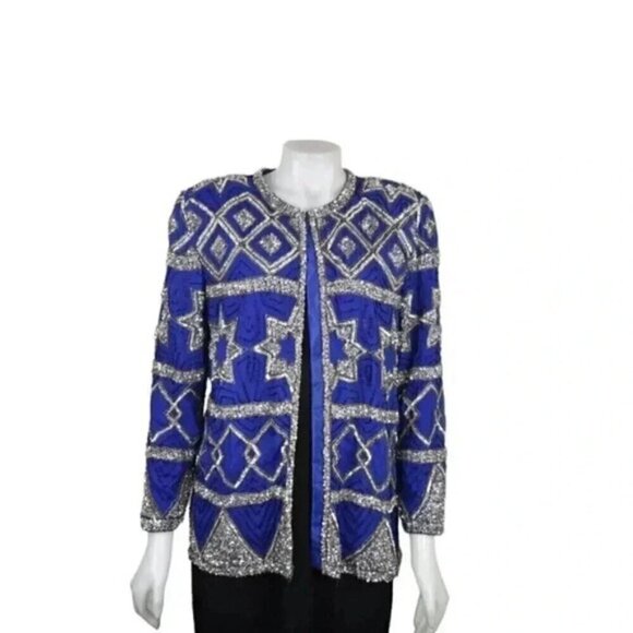 Vintage  80's Scarlet Rage Royal Blue Silver Stars Beaded Sequins Jacket Formal - Picture 3 of 14